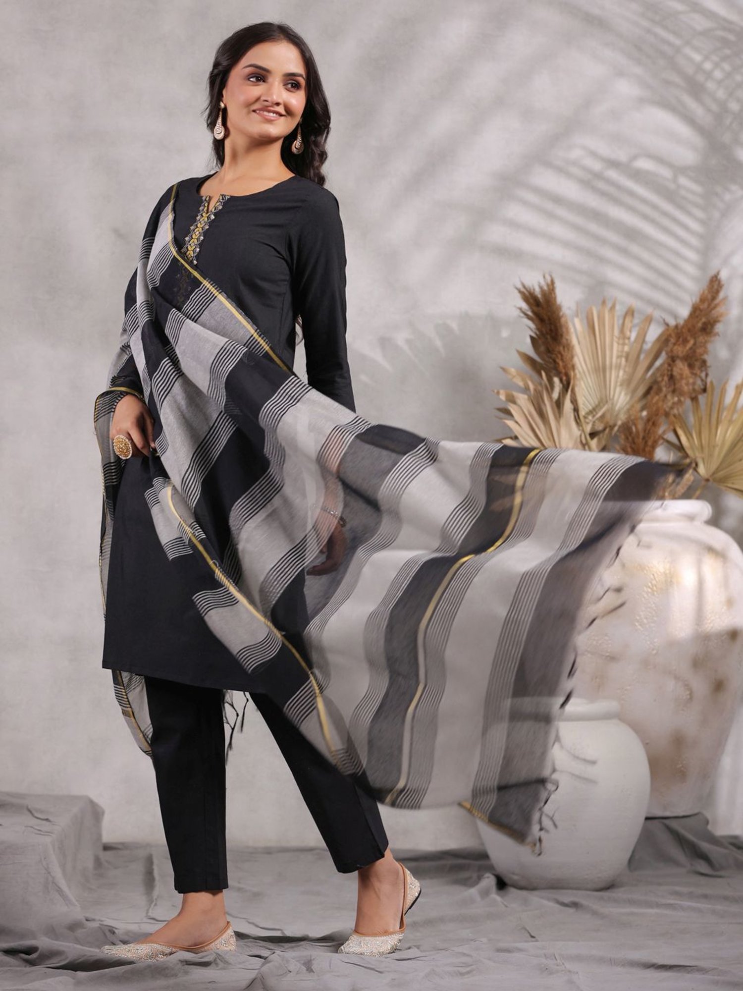 Anubhutee Black Cotton Kurti Pant Set With Dupatta