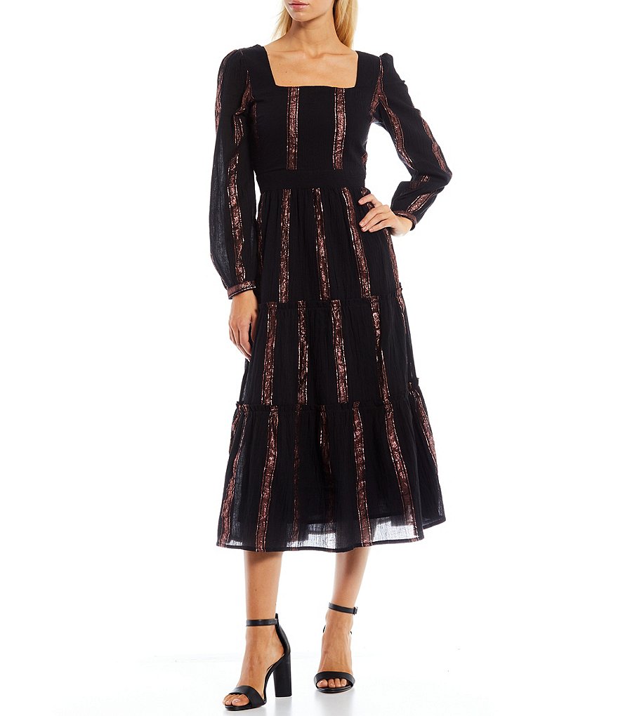 Adelyn Rae Square Neck Long Sleeve Tiered Midi Dress