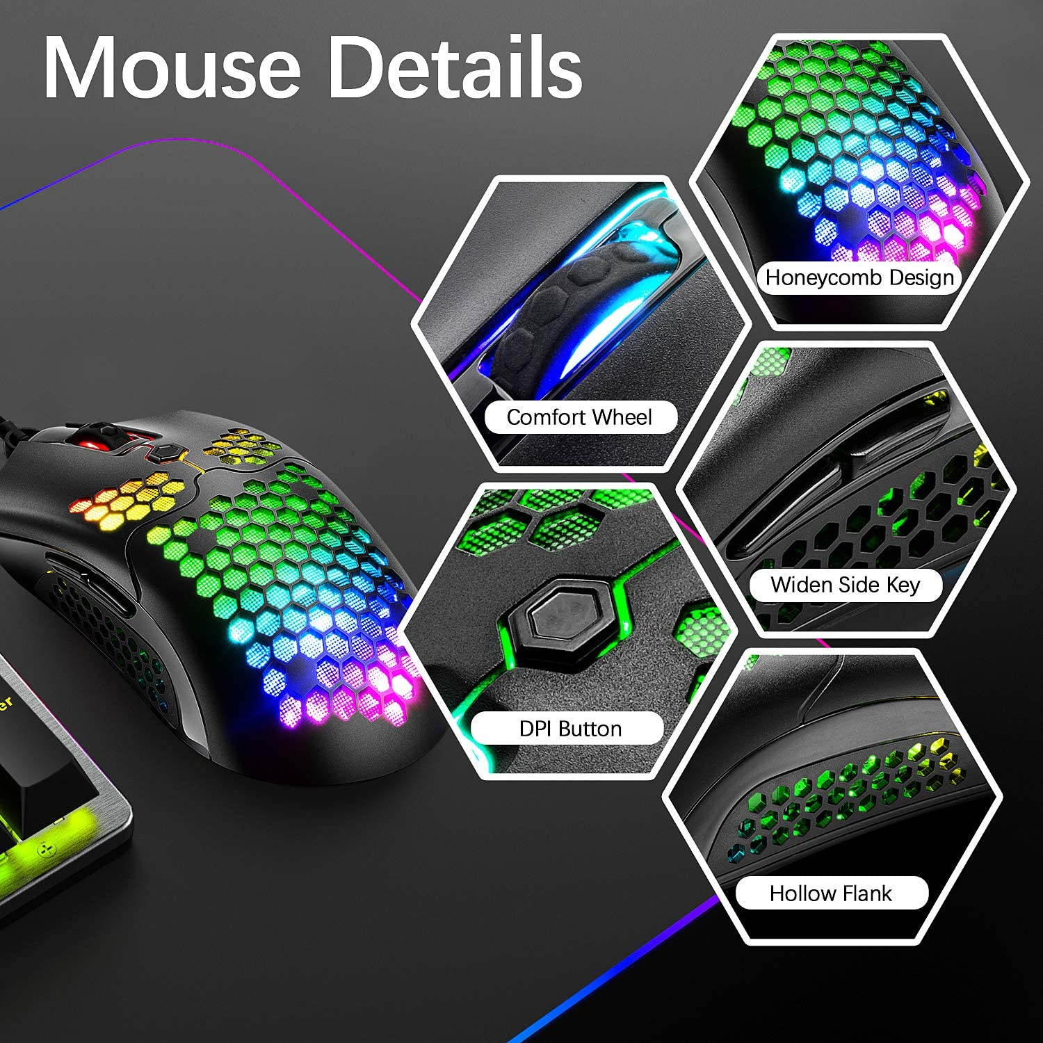 Wired Lightweight Gaming Mouse,26 RGB Backlit Mice with 7 Buttons Programmable Driver,PAW3325 12000DPI Mice,Ultralight Honeycomb Shell Ultraweave Cable Mouse for PC Gamers and Xbox and PS4 Users