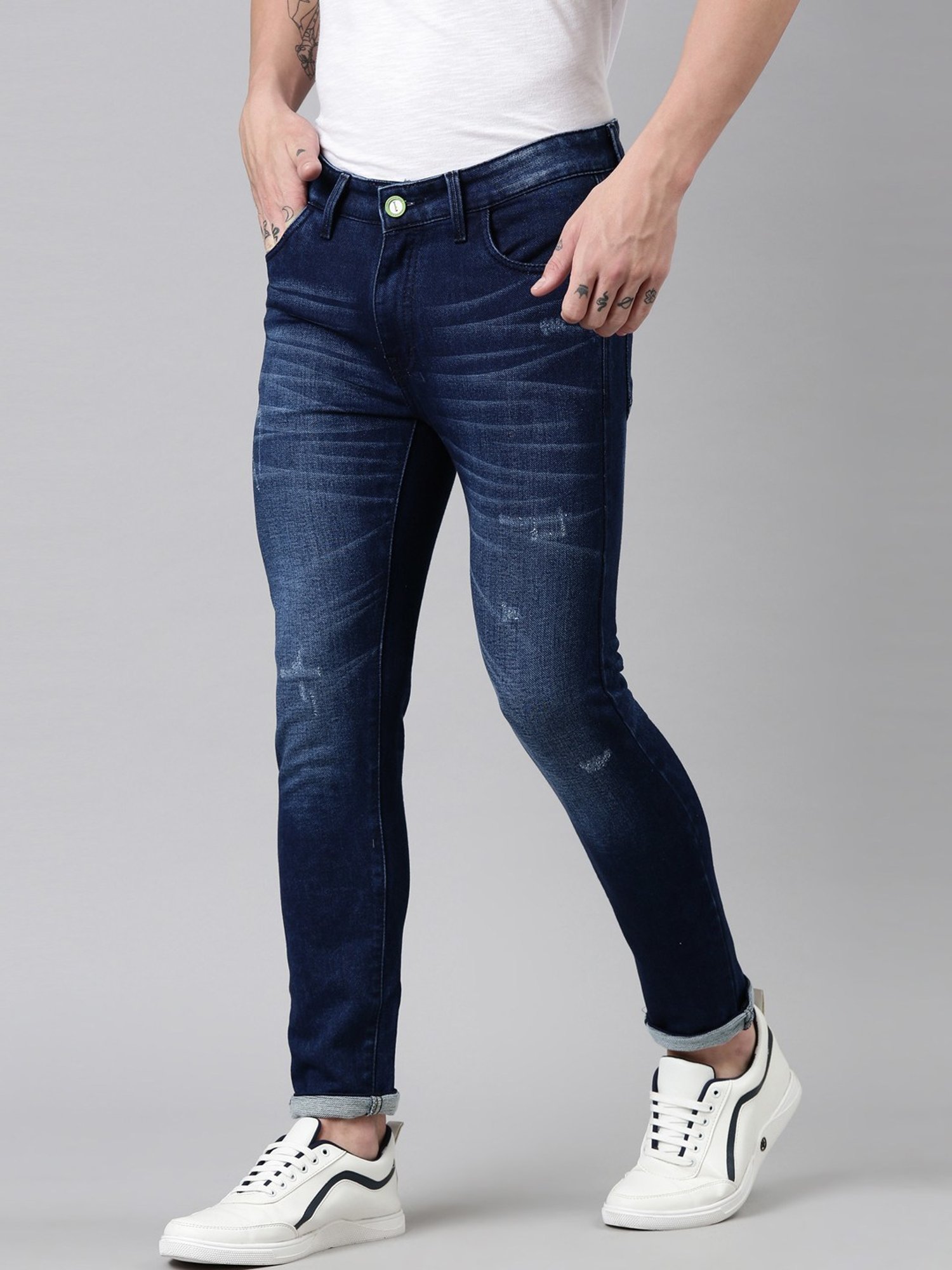 CINOCCI Blue Cotton Slim Fit Distressed Jeans