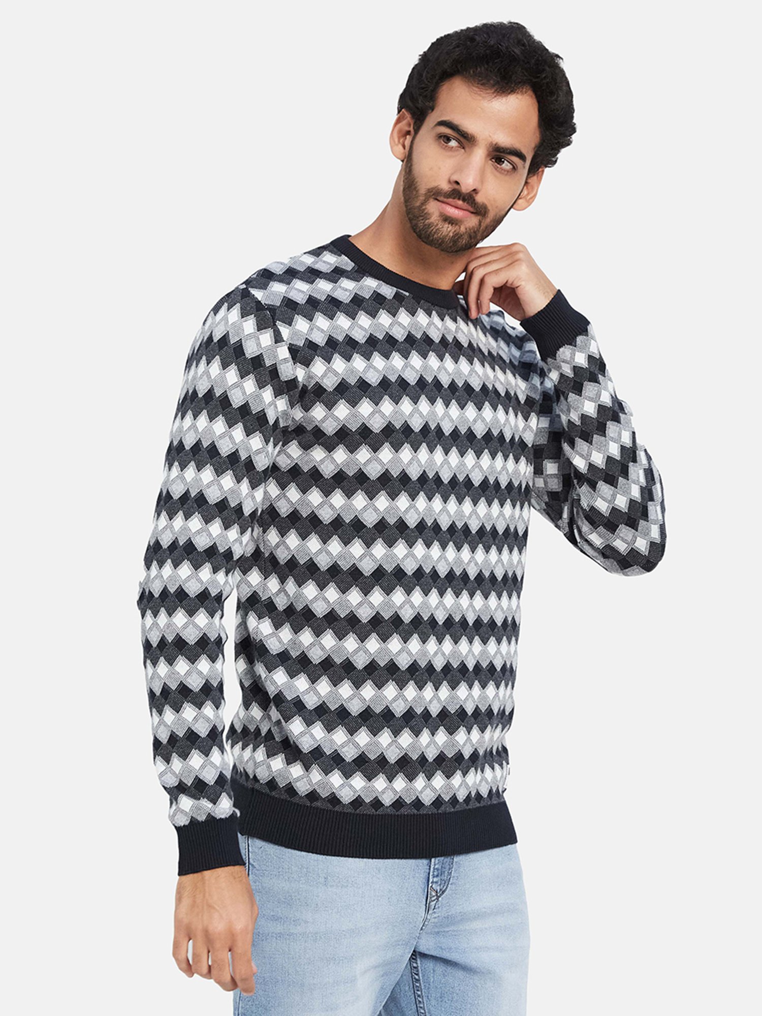 METTLE Navy Regular Fit Geometric Print Round Neck Sweater