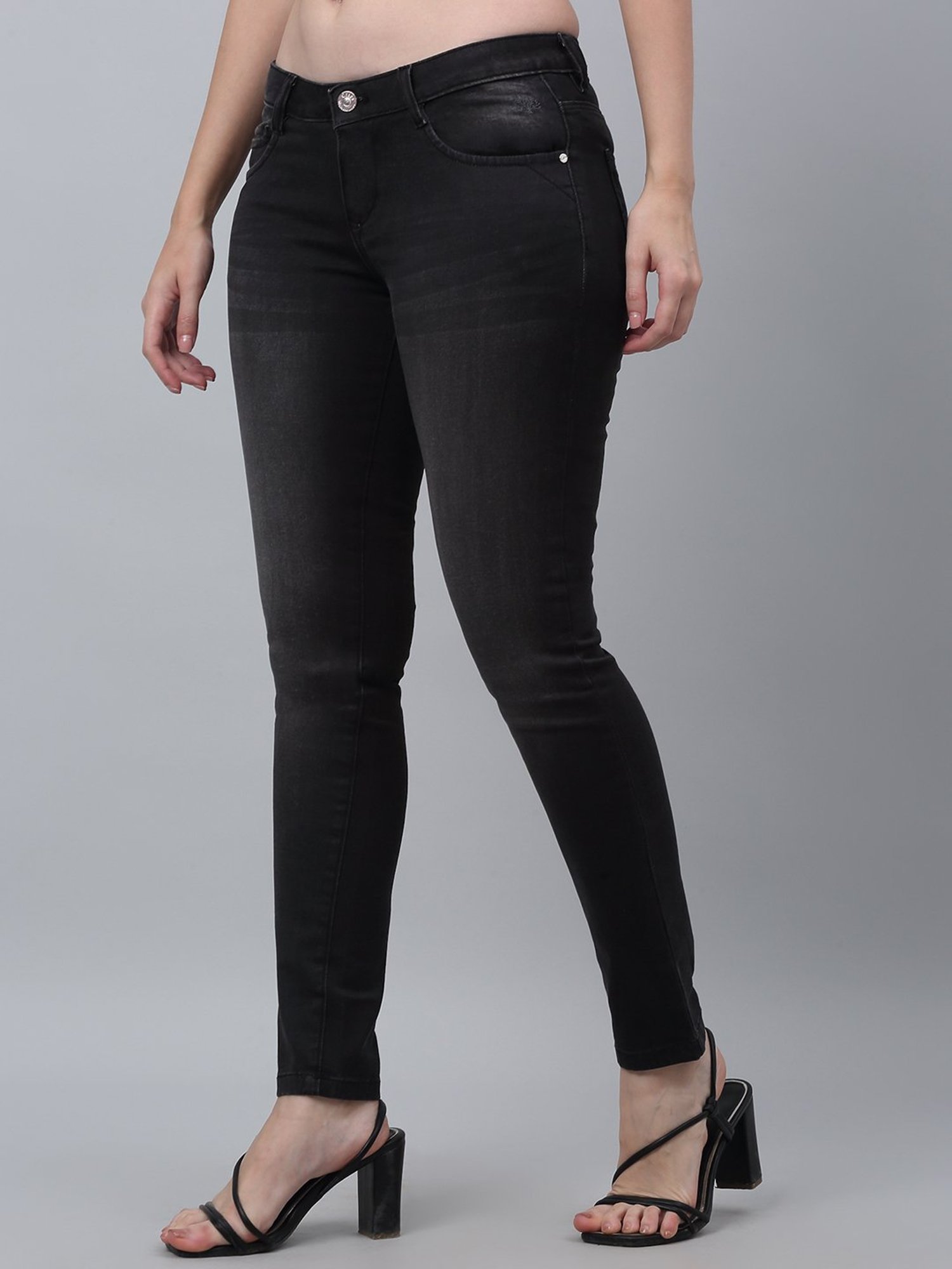 Crozo By Cantabil Black Cotton Regular Fit Mid Rise Jeans