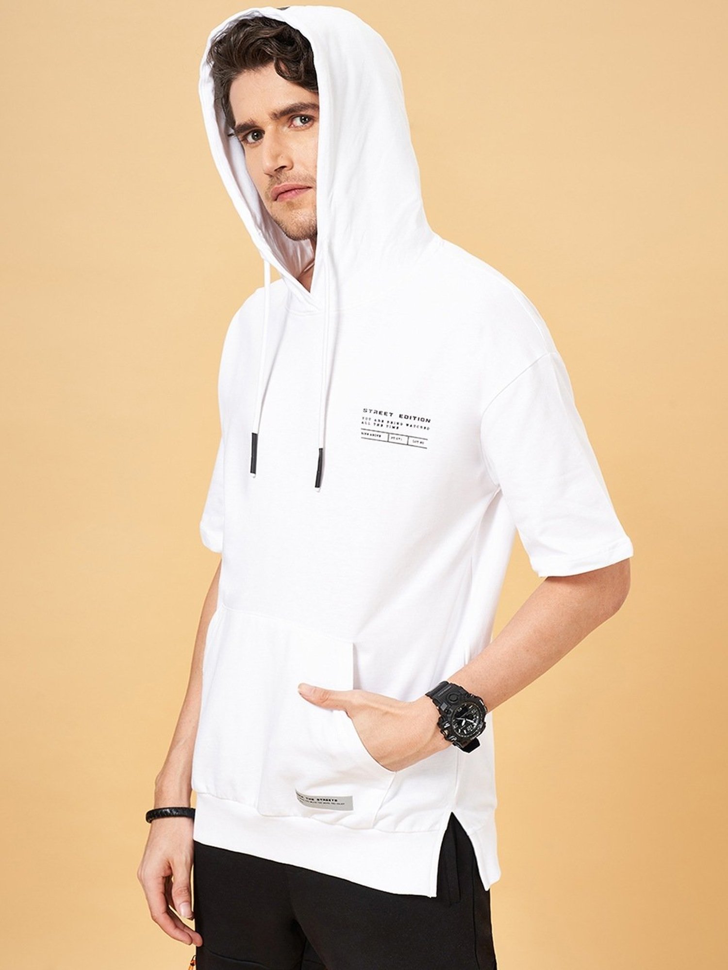 Street 808 by Pantaloons White Cotton Regular Fit Hooded T-Shirt
