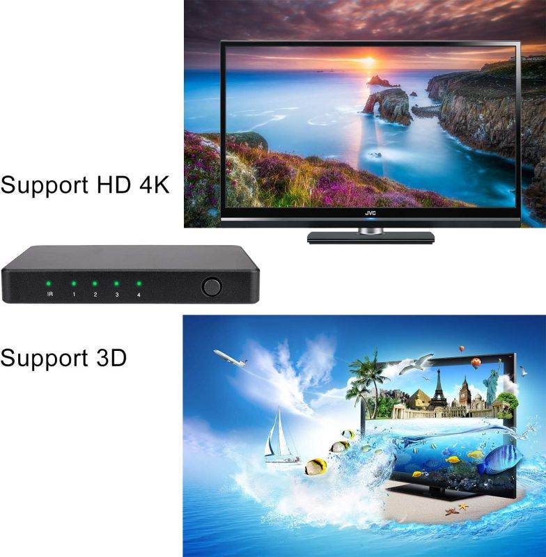 HDMI Switch 4K, 4 Ports HDMI Switcher 4 Input 1 Output 4K@60Hz/2K/1080P/3D with IR Remote Control Full HD 1080P HDCP Switcher 3D for HDTV PS3 PS4 BLU-Ray DVD TV Projector