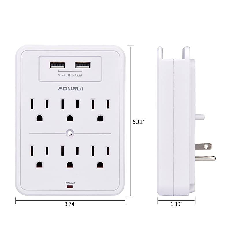 Surge Protector USB Wall Charger with 2 USB Charging PortsSmart 24A Total 6Outlet Extender and Top Phone Holder for Your Cell Phone White ETL Listed