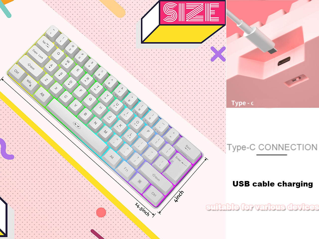 Wireless mini keyboard 61-key mini portable membrane keyboard RGB backlit office keyboard Windows/Mac/laptop keyboard (white)