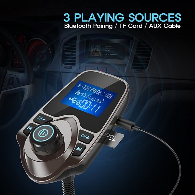 Bluetooth Car FM Transmitter Audio Adapter Receiver Wireless Handsfree Car Kit TF Card AUX 144 Display KM18 Brown