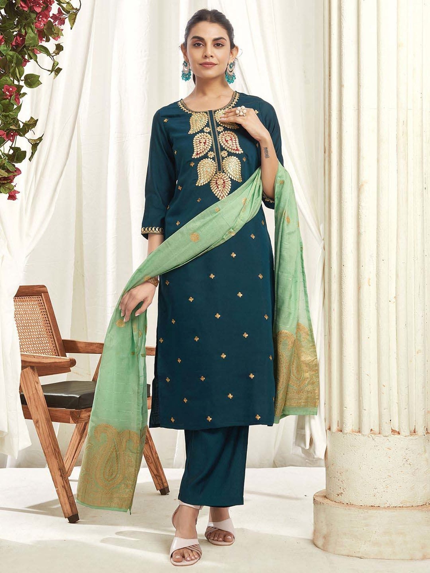 Skylee Blue Embroidered Kurta Palazzo Set With Dupatta