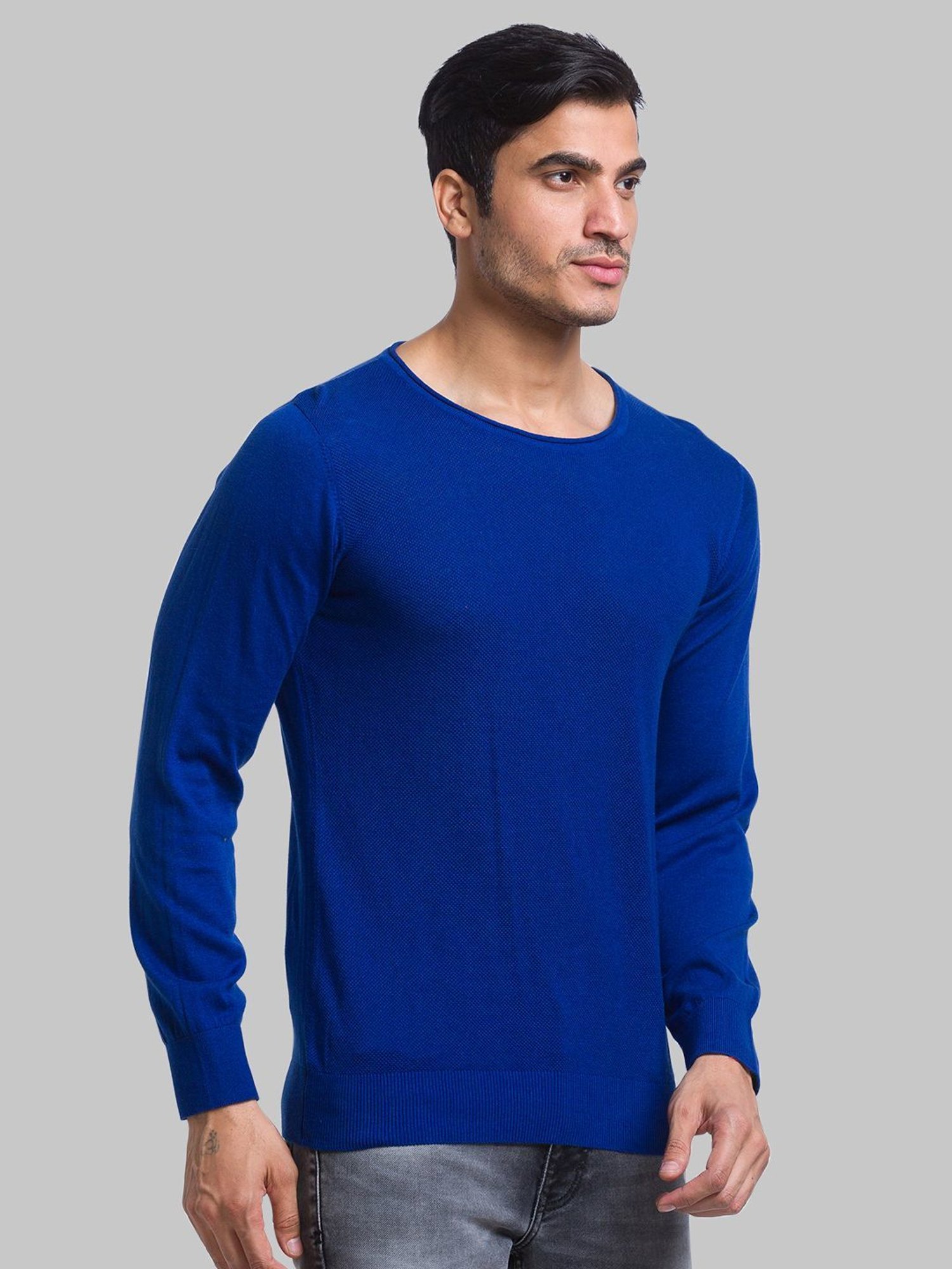 Parx Blue Cotton Regular Fit Sweater