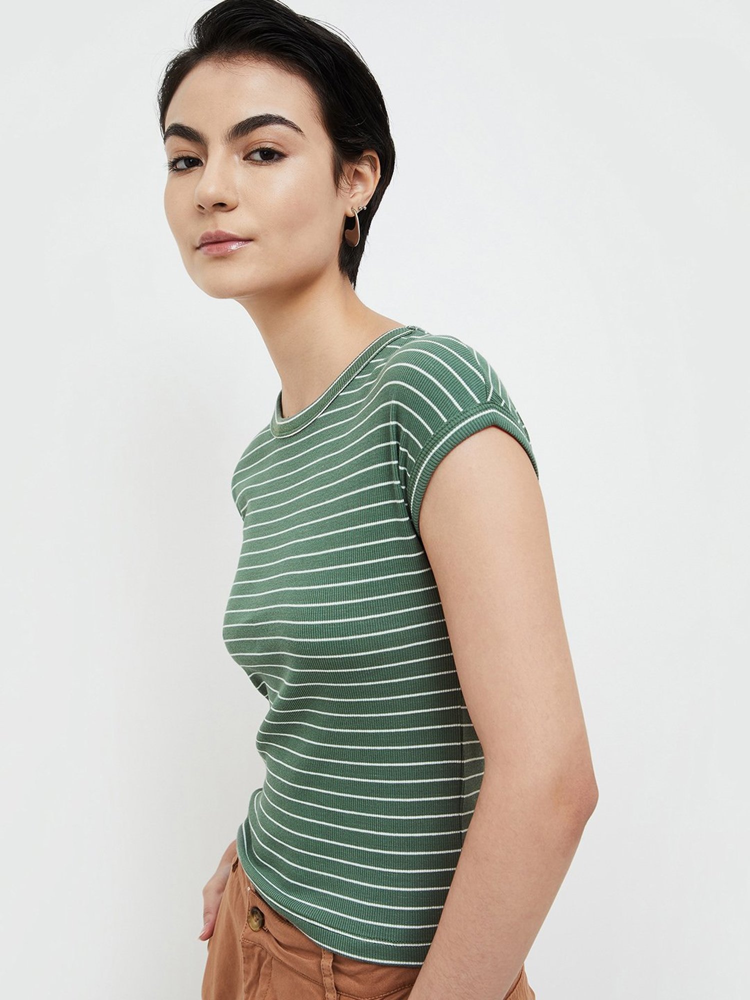Ginger by Lifestyle Sage Green Cotton Striped T-Shirt
