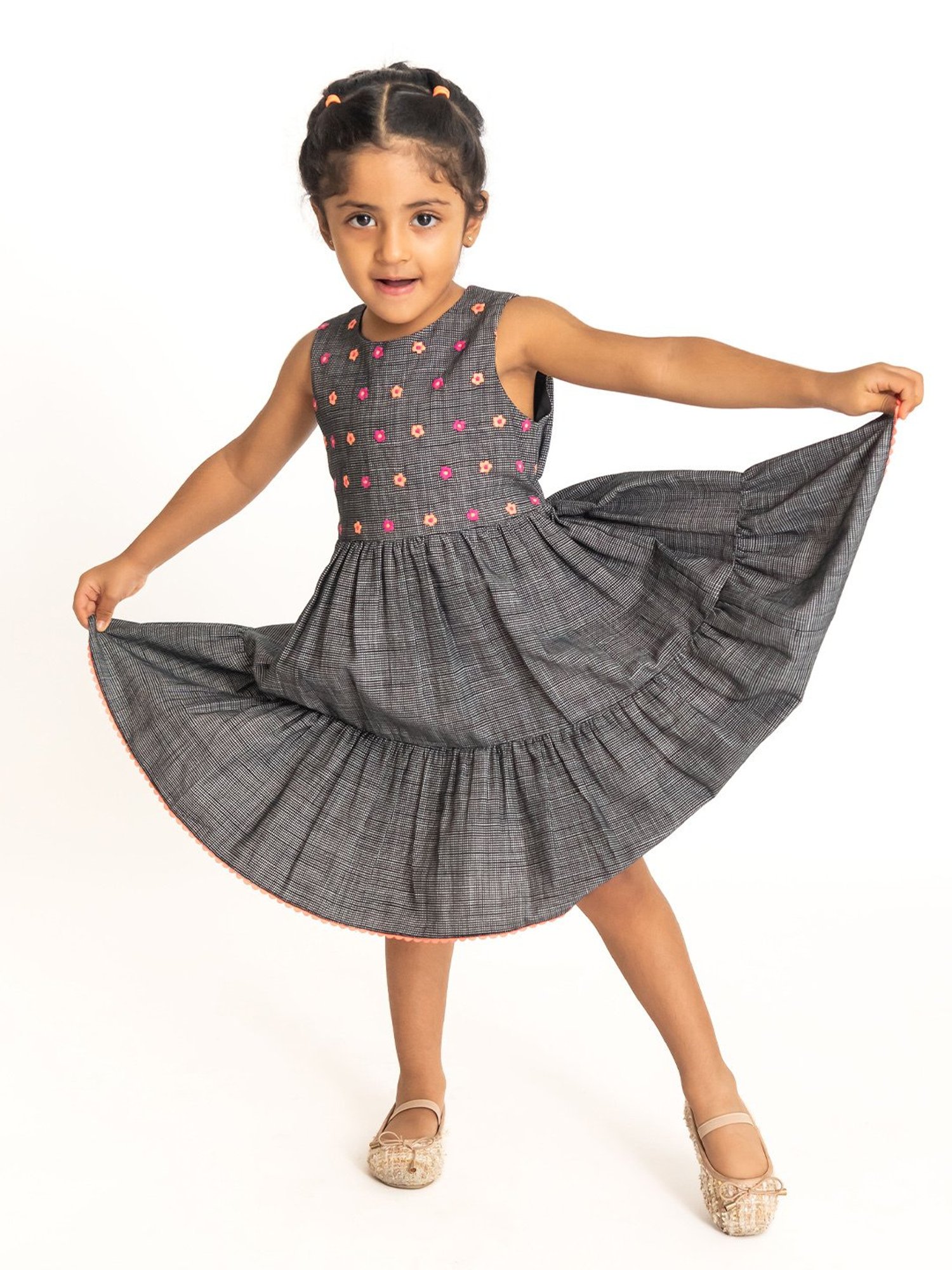 A Little Fable Kids Grey Cotton Embroidered Dress