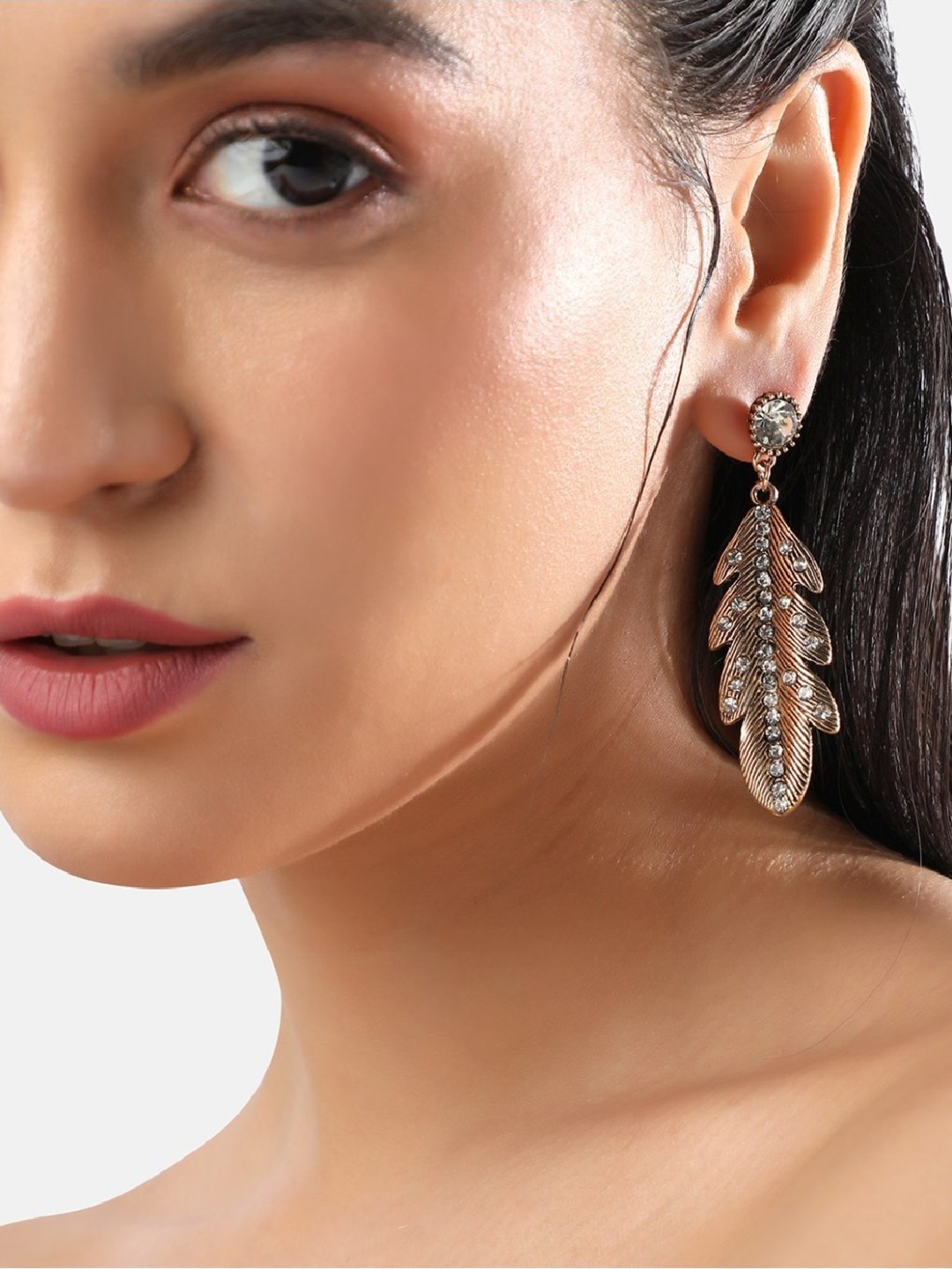 Sohi Women's Stone Lined Leaf Drop Earrings  Metallic Gold