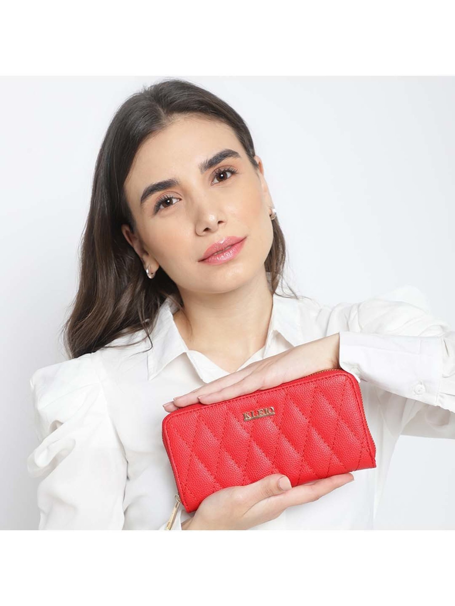 KLEIO Red Quilted Zip Around Wallet for Women