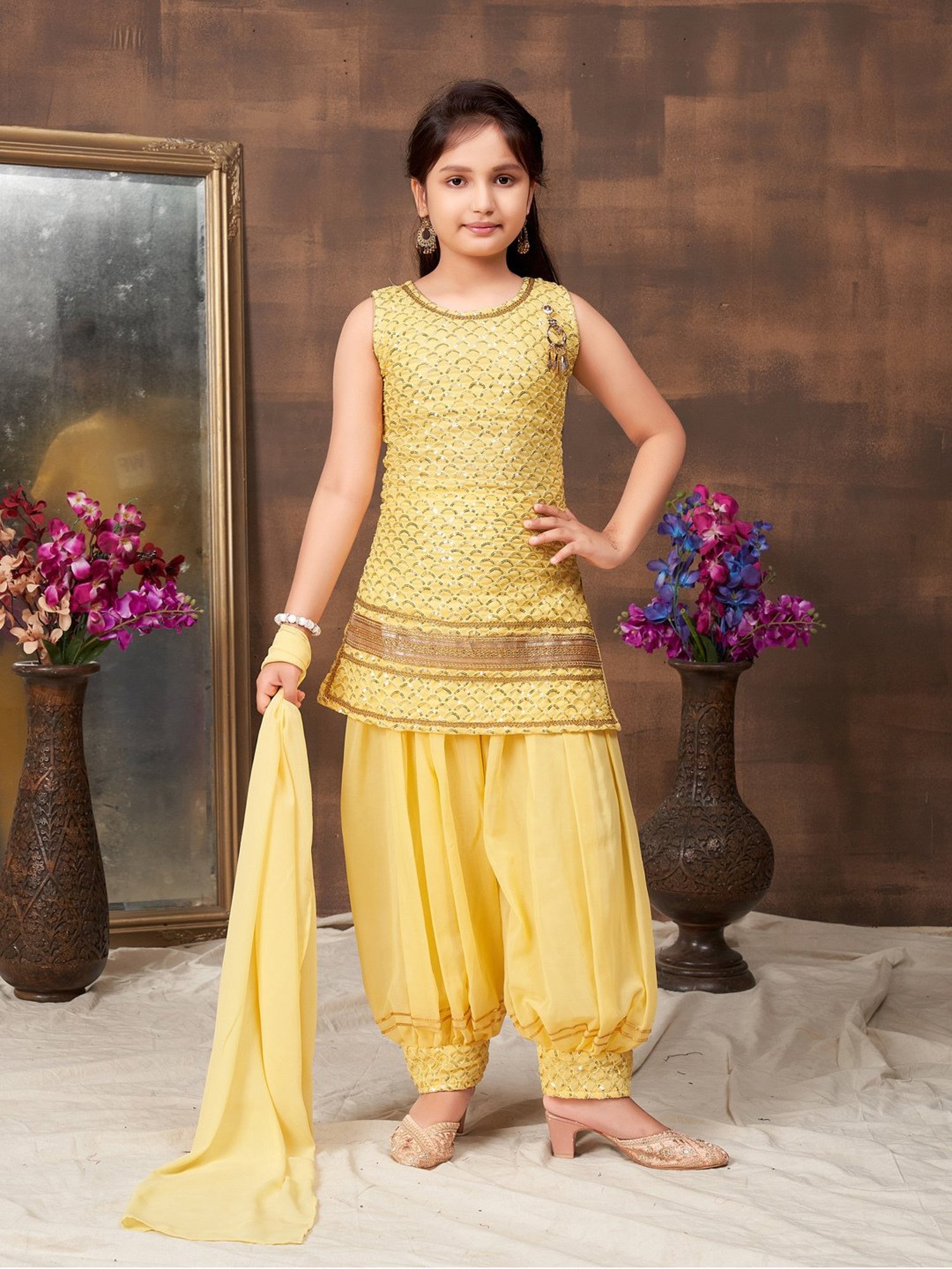 Many Frocks Kids Blue Embellished Top with Plazzos