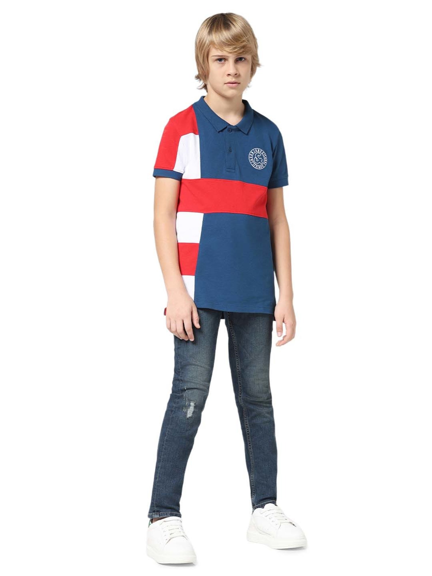 Jack & Jones Junior Blue & Red Cotton Color Block Polo T-Shirt