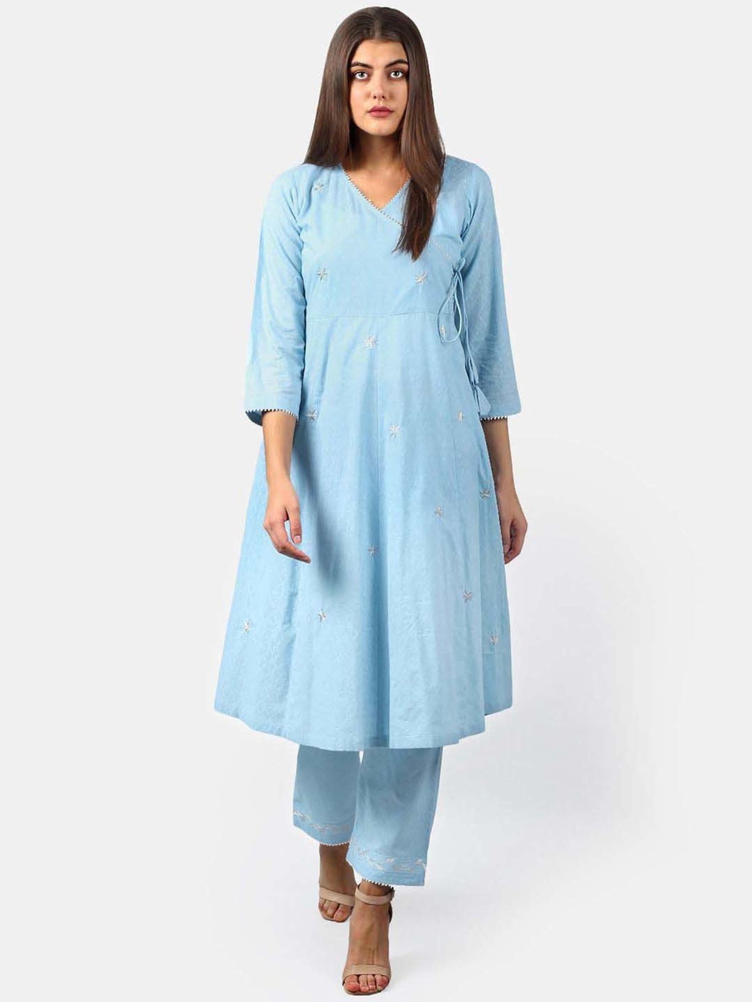DART STUDIO Blue Cotton Embroidered A Line Kurta