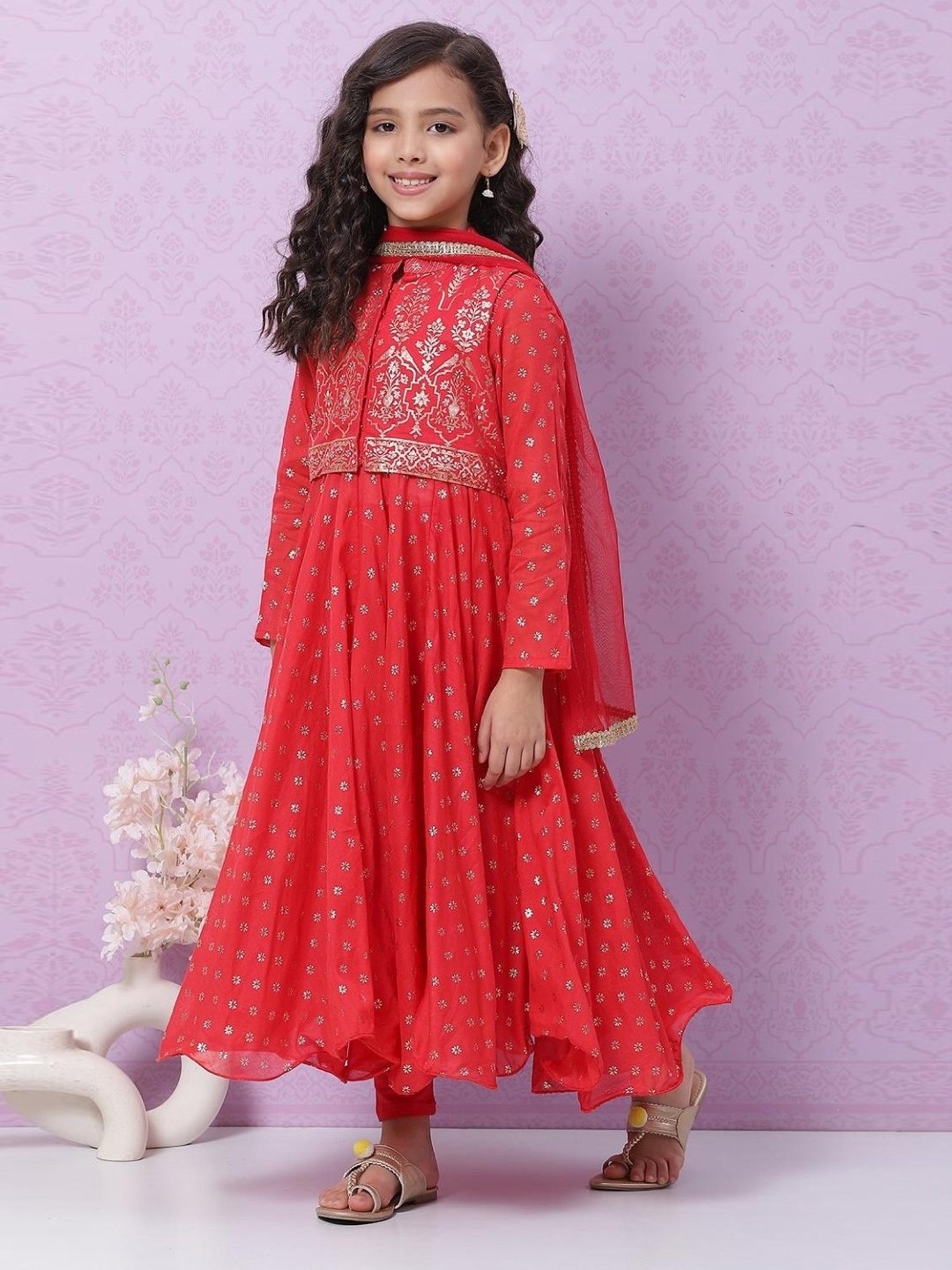 Biba Kids Red & Gold Cotton Printed Full Sleeves Kurta Set
