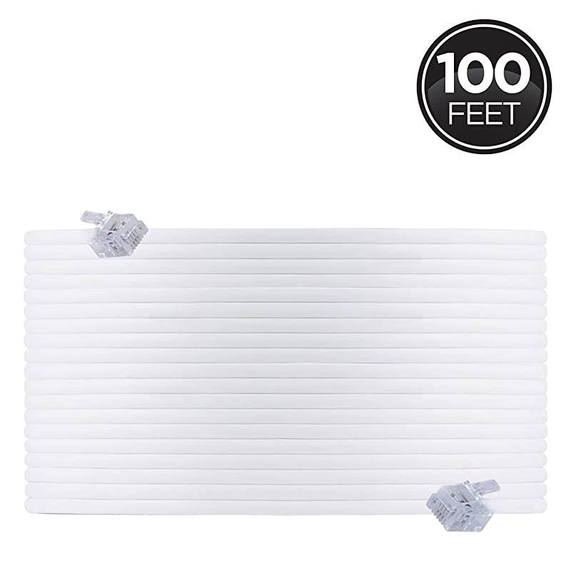 Telephone Line Cord, 100 Feet, Phone Cord, Modular Jack Ends, Works for Phone, Modem or Fax Machine, for Use in Home or Office, White, 27638