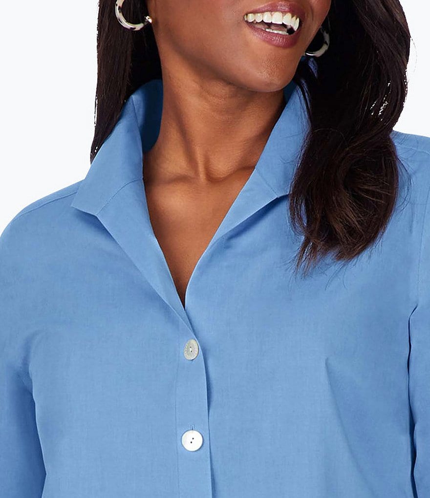 Foxcroft Plus Size Pandora 3/4 Sleeve Spread Point Collar Neck Button Front Shaped Tunic