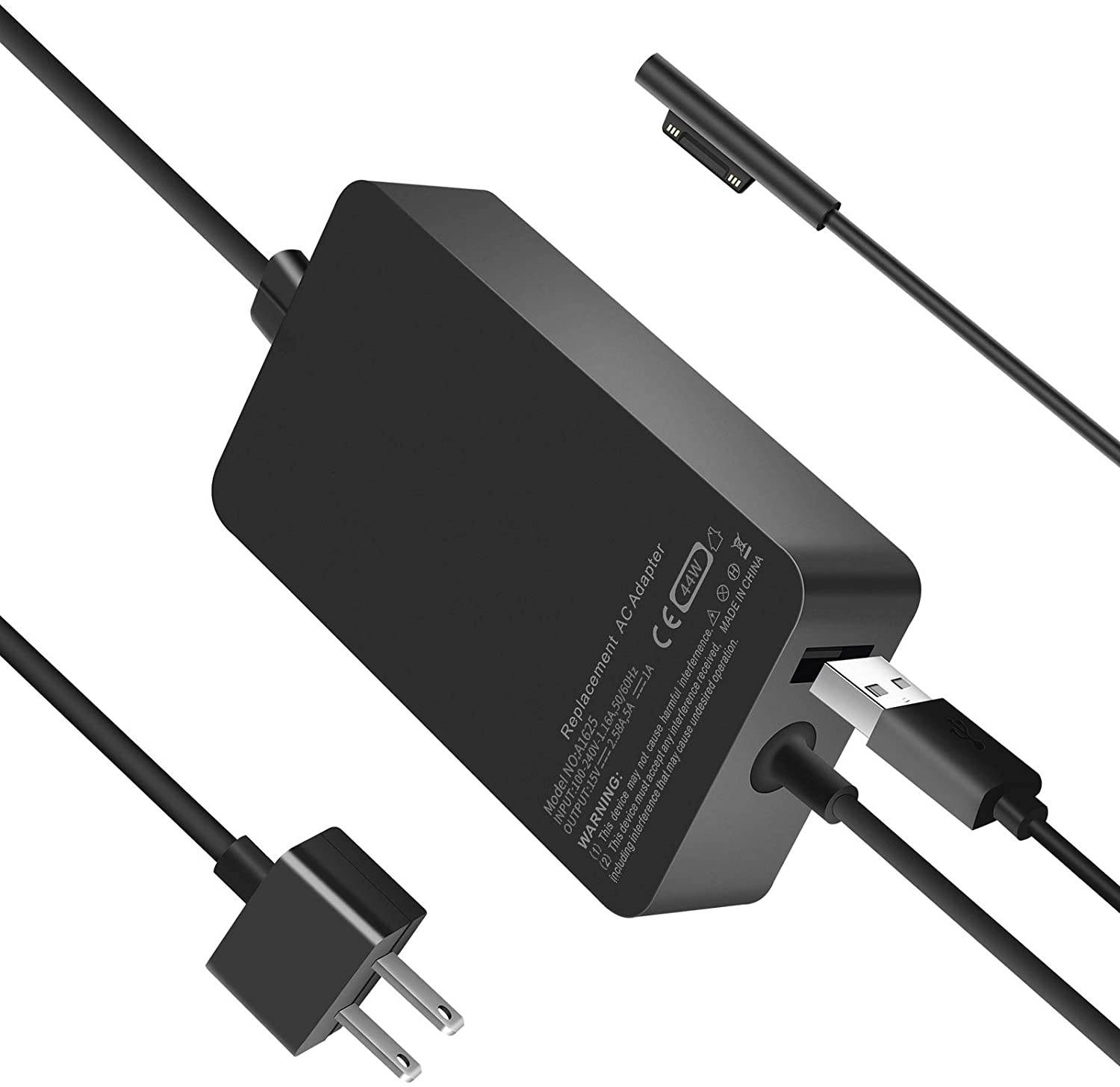 Surface Pro Charger 44W, Microsoft Surface Power Adapter Charger for Surface Pro X/7/6/5/4, Surface Go 2/1, Microsoft Surface Book, Laptop & Tablet, Replacement AC Adapter 15V-2.58A with USB Port