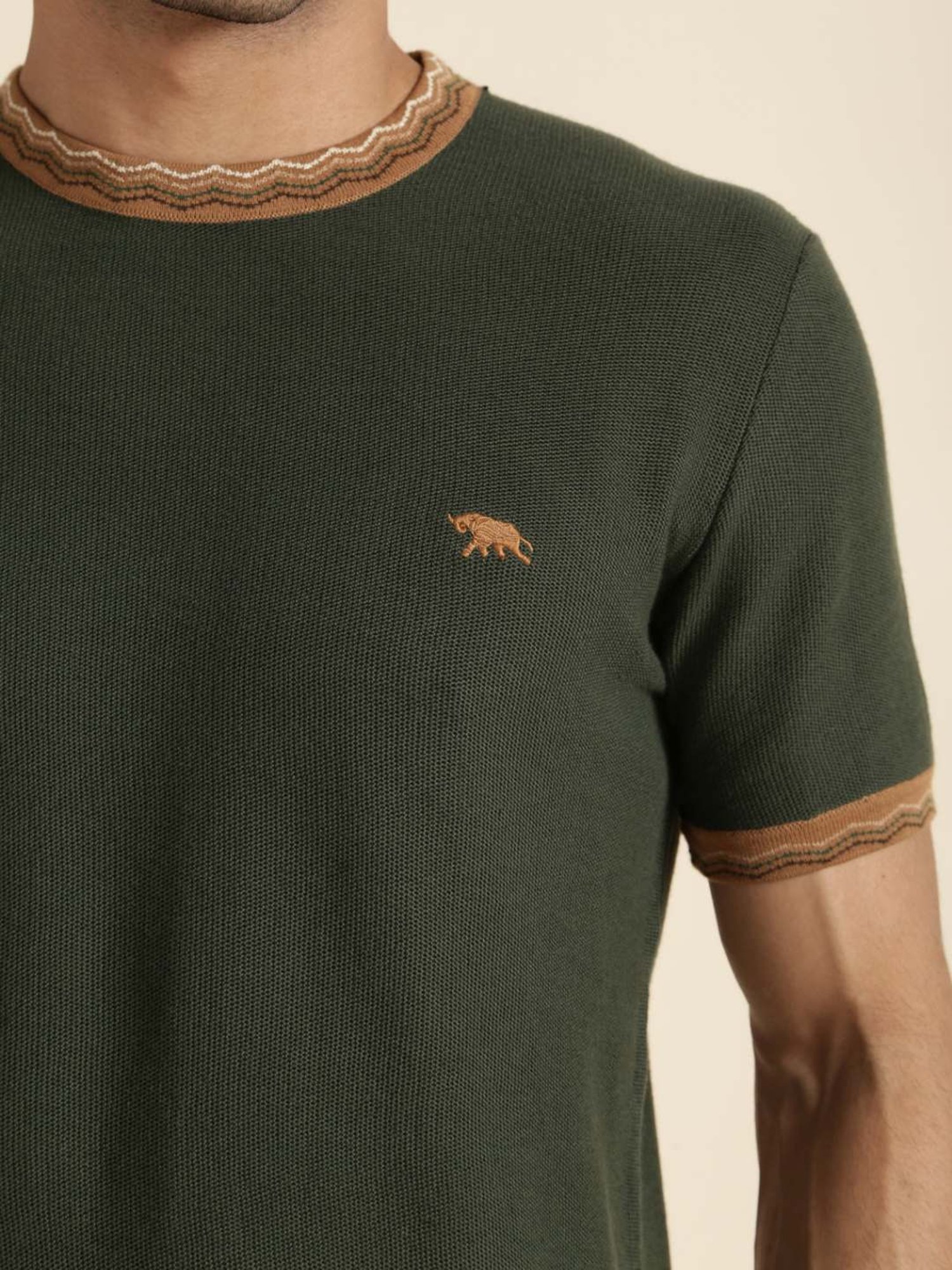 Andamen Olive Regular Fit Self Pattern T-Shirt