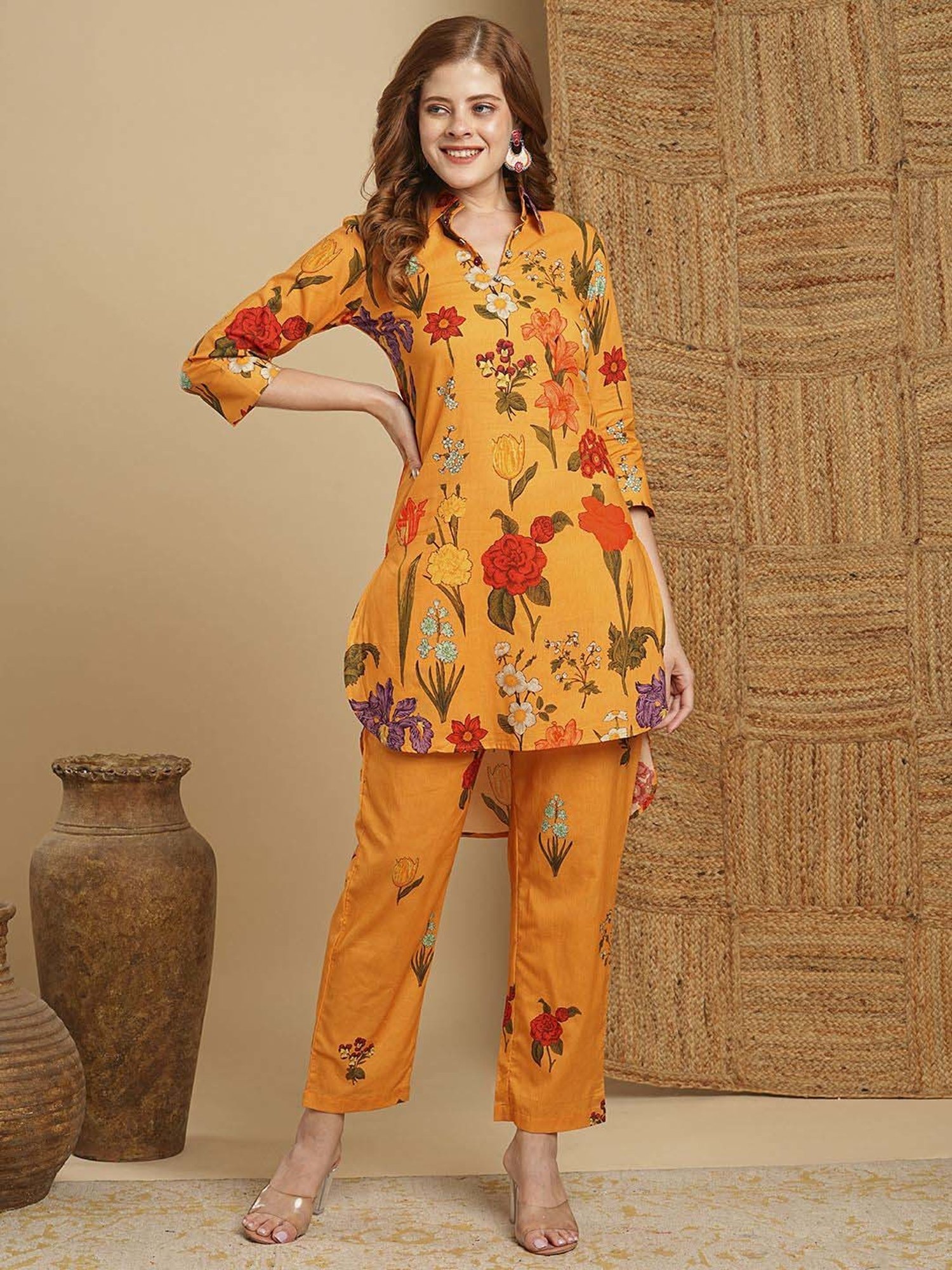 Fashor Orange Cotton Floral Print Kurta & Pant Set