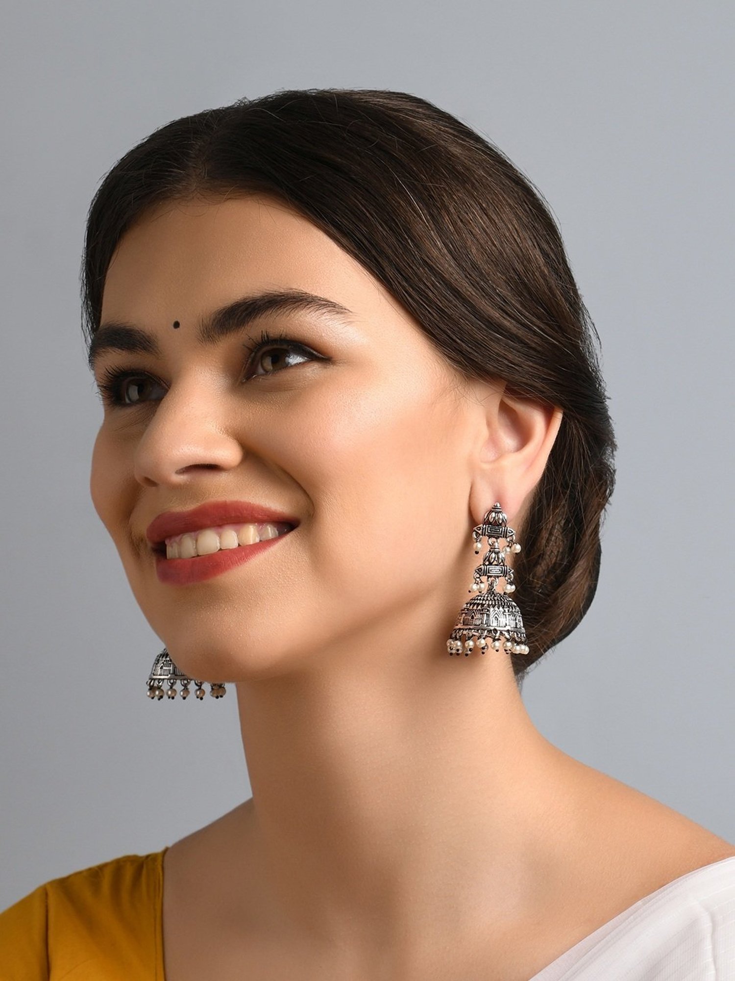 Fida Oxidised Silver Temple Inspired Jhumki Earrings