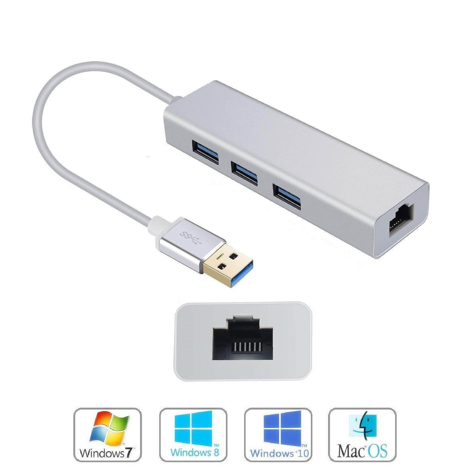 USB HUB with Gigabit Ethernet Port, 3-Port USB 3.0 Aluminum Portable Data Hub with Gigabit Ethernet Port Network Adapter 5Gbps Speed, 10/100/1000 Mbps Ethernet Port for Mac, PC, USB Flash Drives