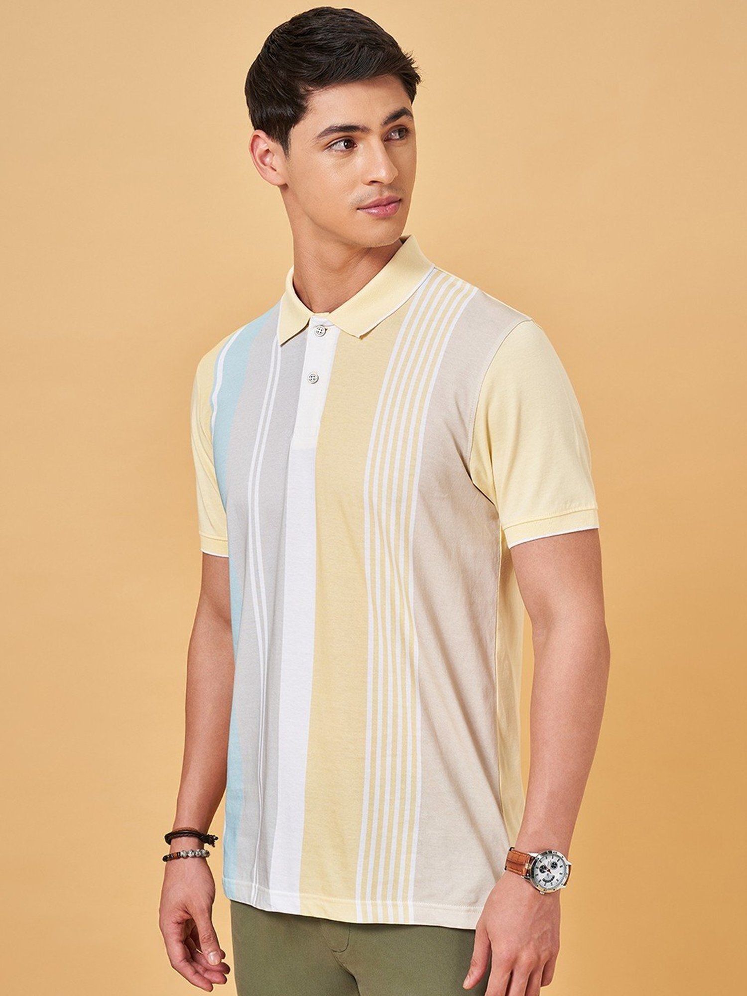 Byford By Pantaloons Lemonade Slim Fit Striped Polo T-Shirt