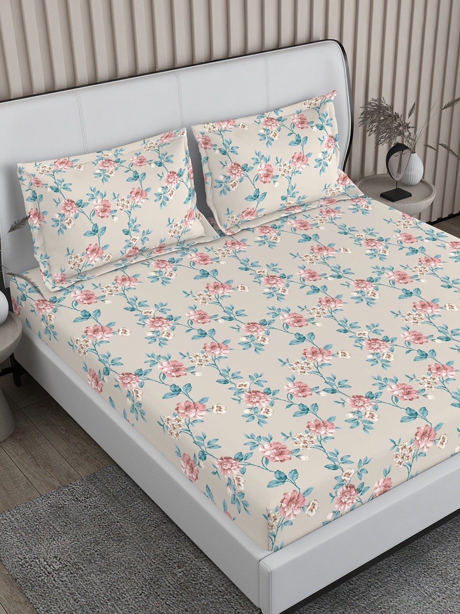 Boutique Living Magnifique  Floral Blue 200 TC Cotton King Bed Sheet with 2 Pillow Covers