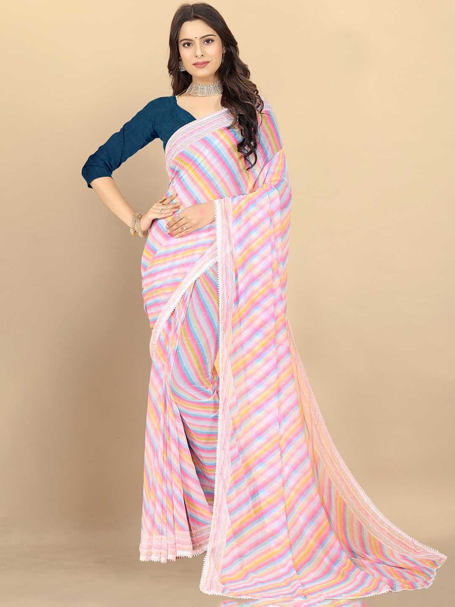 Rangita Pink Leheria Striped Saree With Blouse