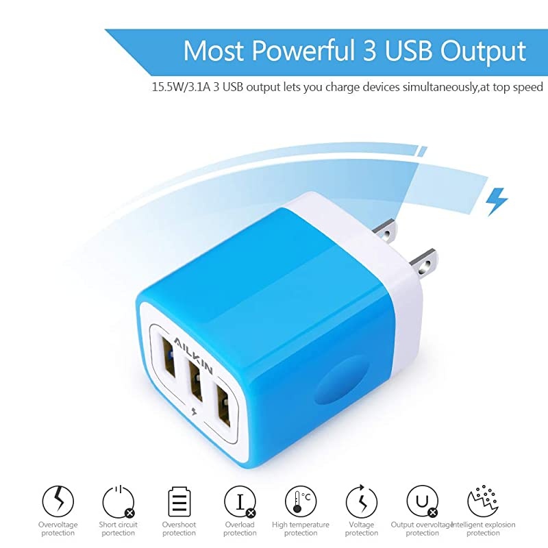 USB Charger Multi Port  Micro USB Charger Charging Block USB Wall Plug Travel Charger Outlet Fast Charger Brick USB Charging Block Compatible iPhone iPad iPhone and iWatch Blue3Port