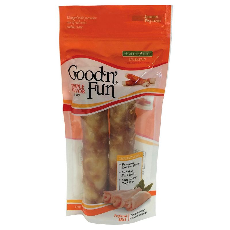 Good N Fun Large Triple Flavored Pork, Beef, and Chicken Wrapped Roll Rawhide Dog Treats - 2ct