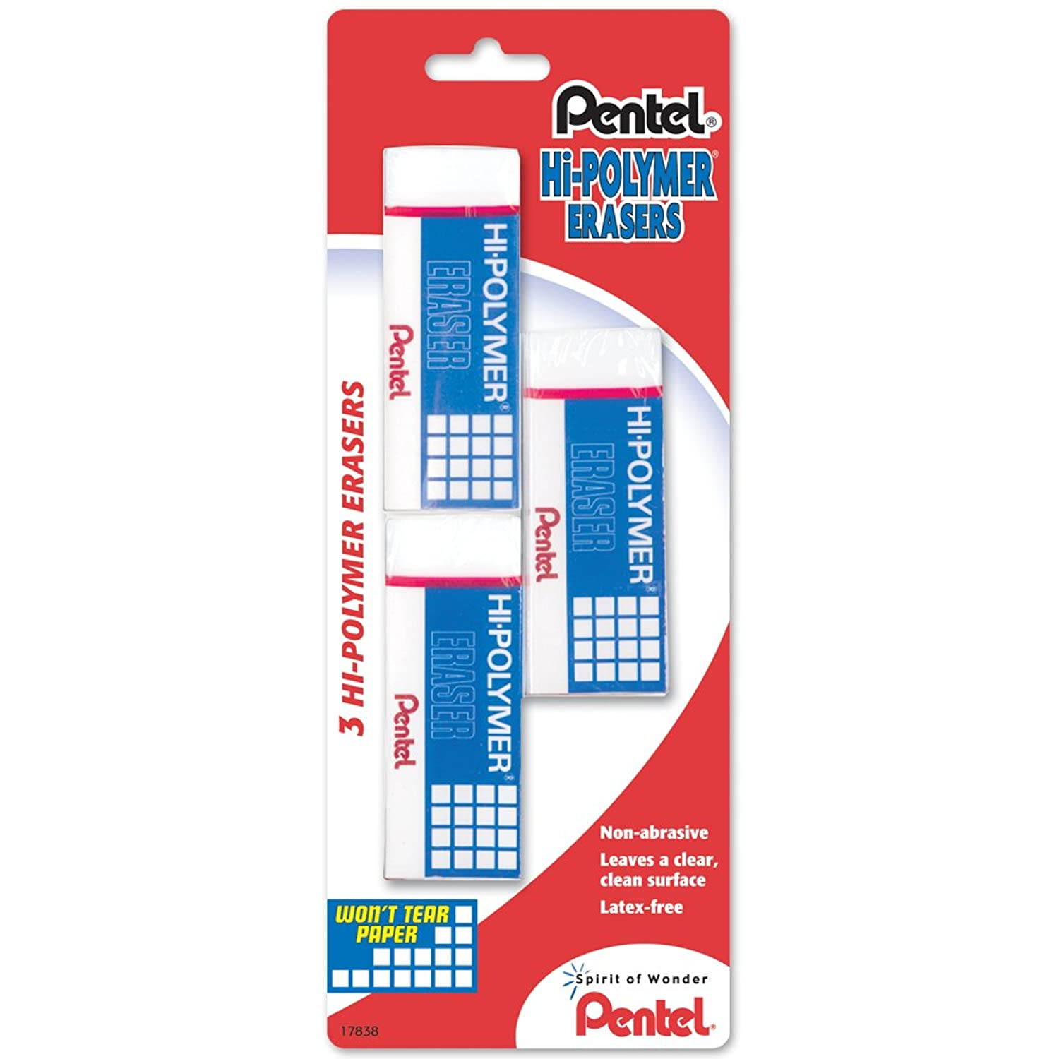 Pentel Hi-polymer Block Eraser, Large, 3 Pack, White  (ZEH10BP3-K6)