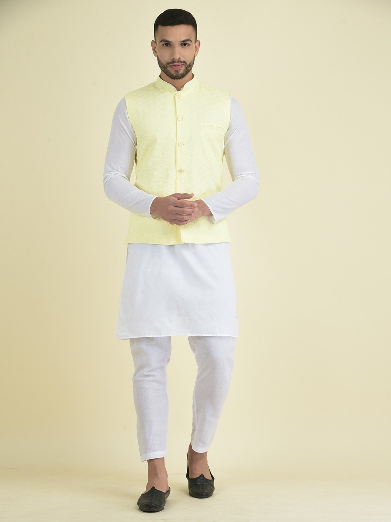 Deyann Yellow & White Cotton Regular Fit Embroidered Kurta Set With Jacket