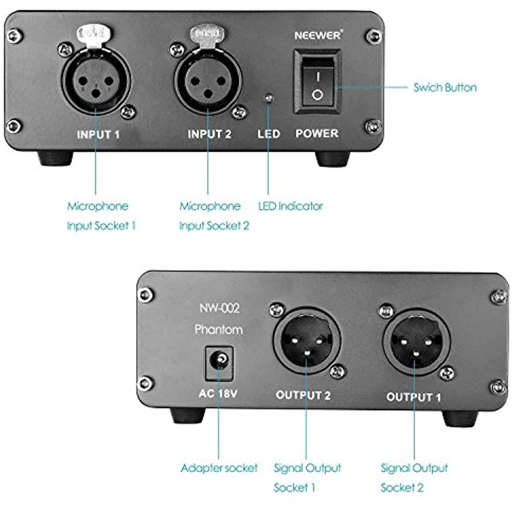 Neewer&reg; 2-Channel 48V Phantom Power Supply with Power Adapter for Condenser Microphones, Transfer Sound Signal to External Sound Card