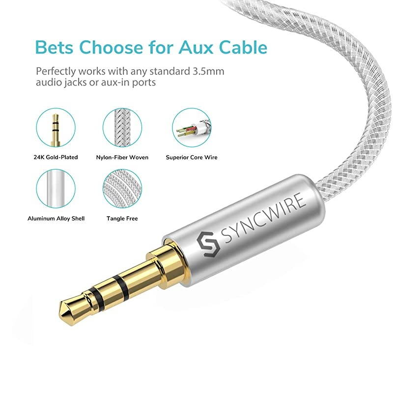 Long Aux Cable 6.5Ft- Auxiliary Audio Cable for Headphones, Car, Home Stereos, iPhone/Ipad iPod/Echo Dot, Galaxy S8/ Galaxy Note 8/ Smartphones & More - Silver