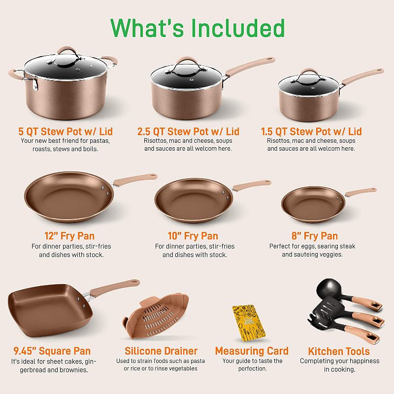 NutriChef Metallic Nonstick Ceramic Cooking Kitchen Cookware Pots and Pan Set with Lids, Utensils, and Cool Touch Handle Grips 14 Piece Set, Bronze