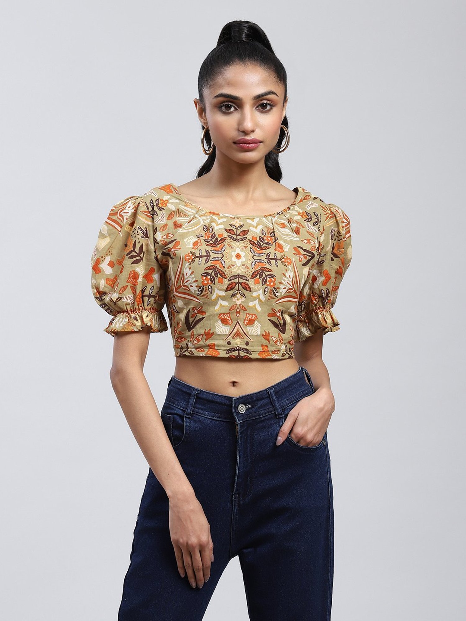 Label Ritu Kumar Khaki Floral Print Crop Top