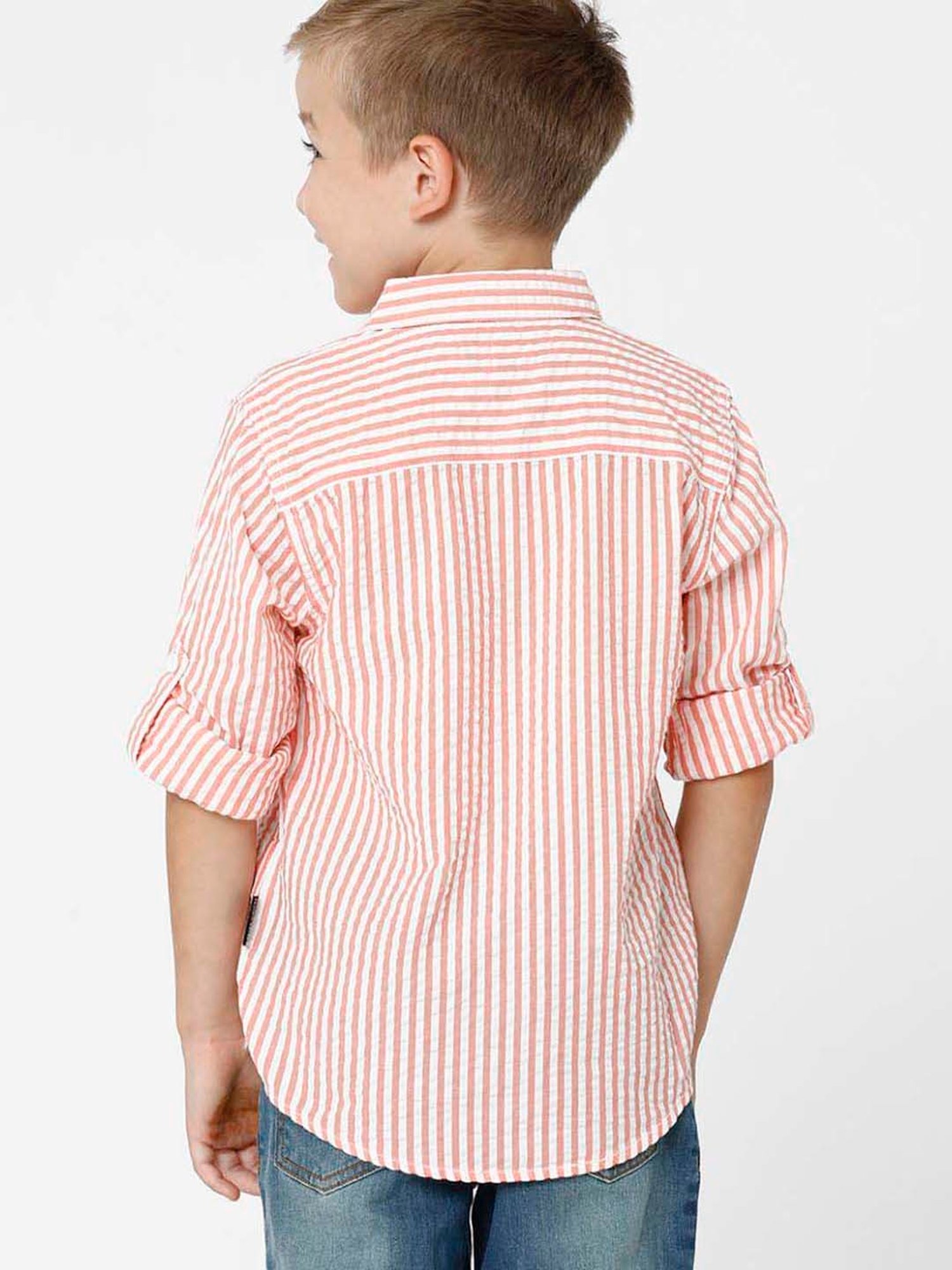 Kate & Oscar Kids Peach Cotton Striped Full Sleeves Shirt
