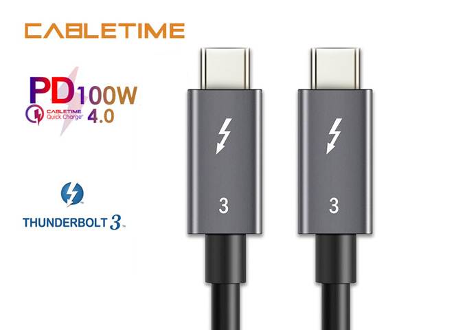 CABLETIME Thunderbolt 3 Cable(2.30ft/0.7m), 40Gpbs 100W 5A, Thunderbolt 3 Certified USB C Cable Compatible with New MacBook Pro, ThinkPad Yoga, Alienware 17 and More