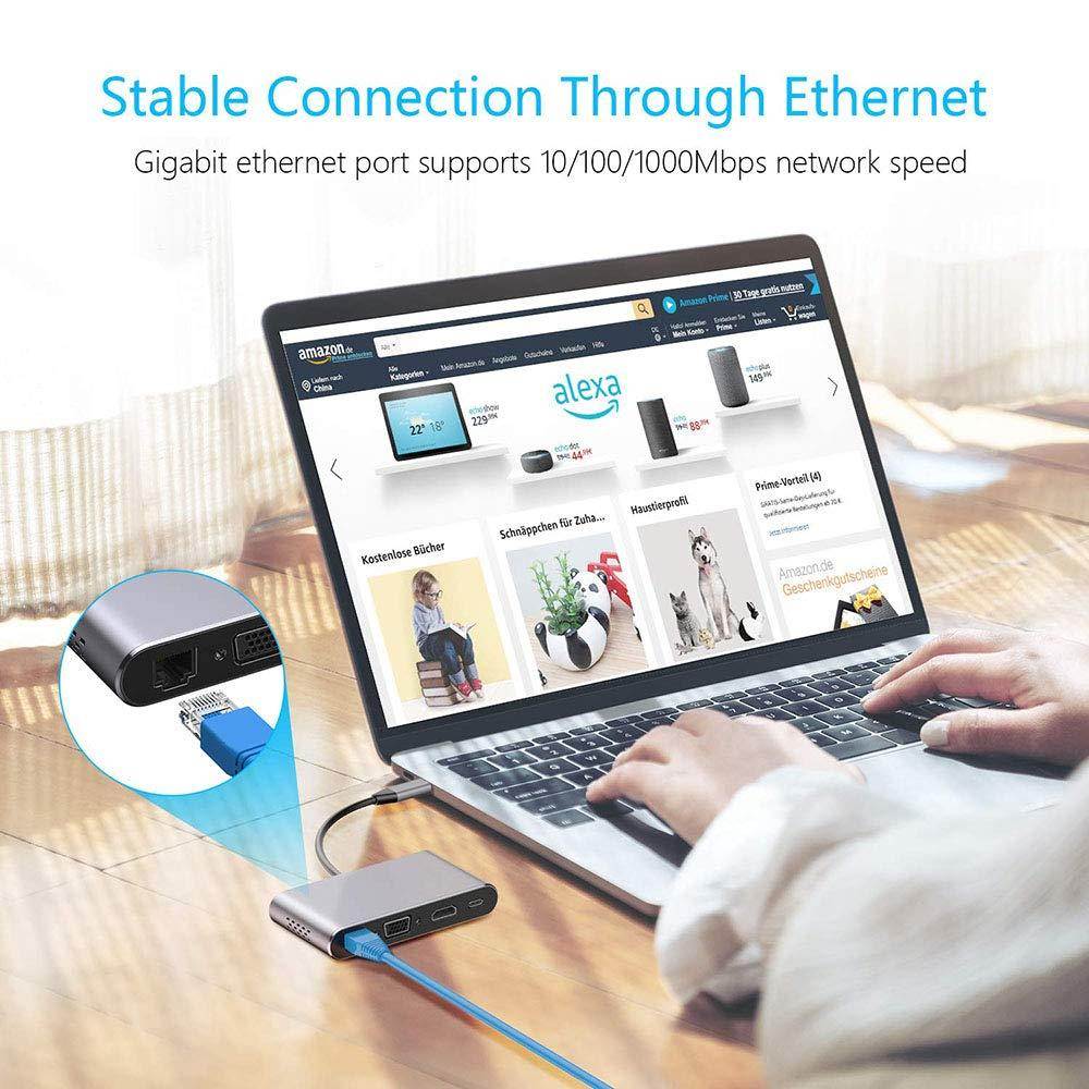 Tobenone USB C to HDMI VGA Hub, 8-in-1 USB C Adapter with 4K HDMI, 2K VGA, 2 x USB 3.0, USB-C 87W Charging Power Delivery, 10/100/1000Mbps RJ45 Enternet, SD/Micro SD Card Reader