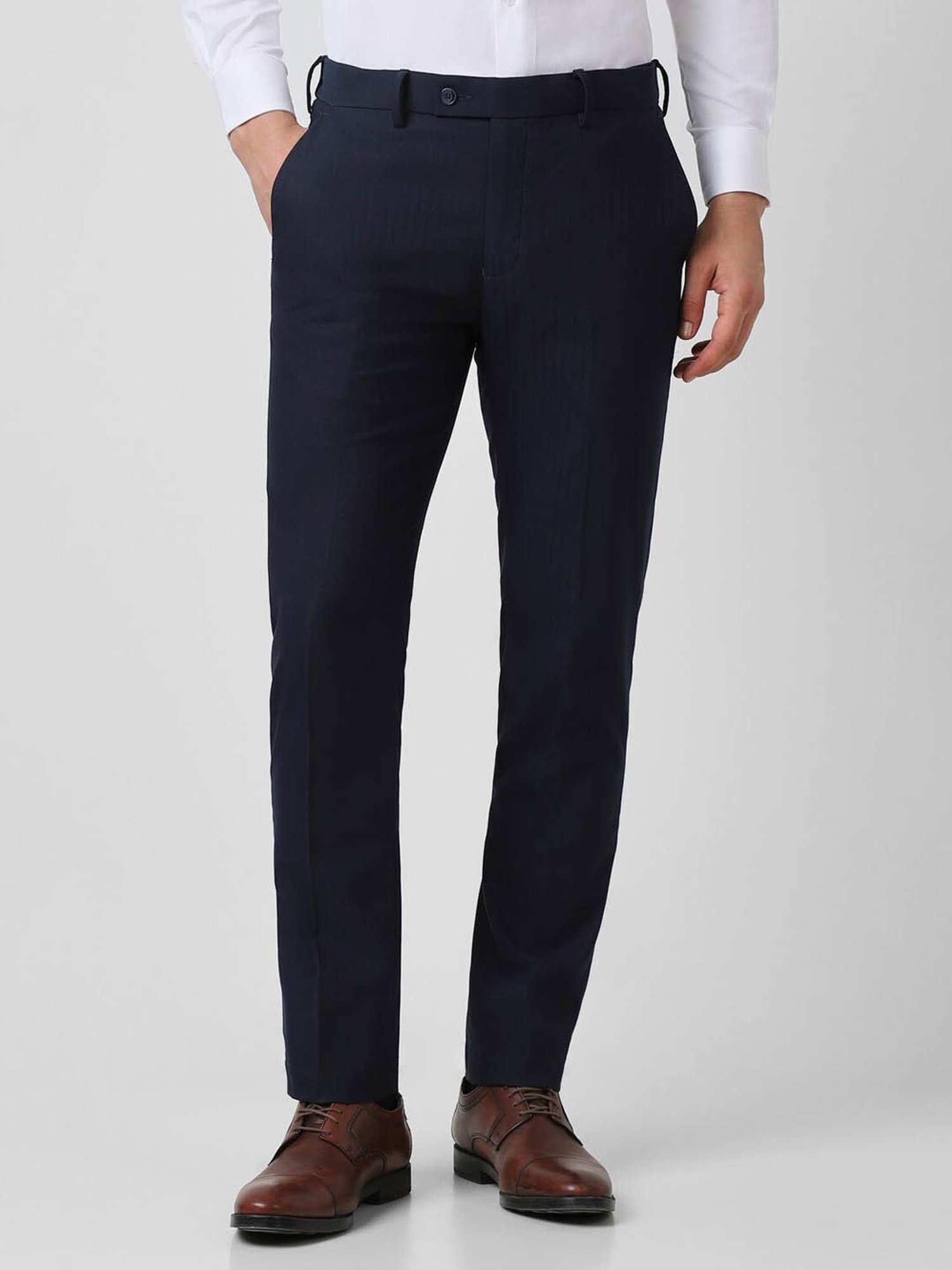 V Dot Navy Skinny Fit Striped Trousers