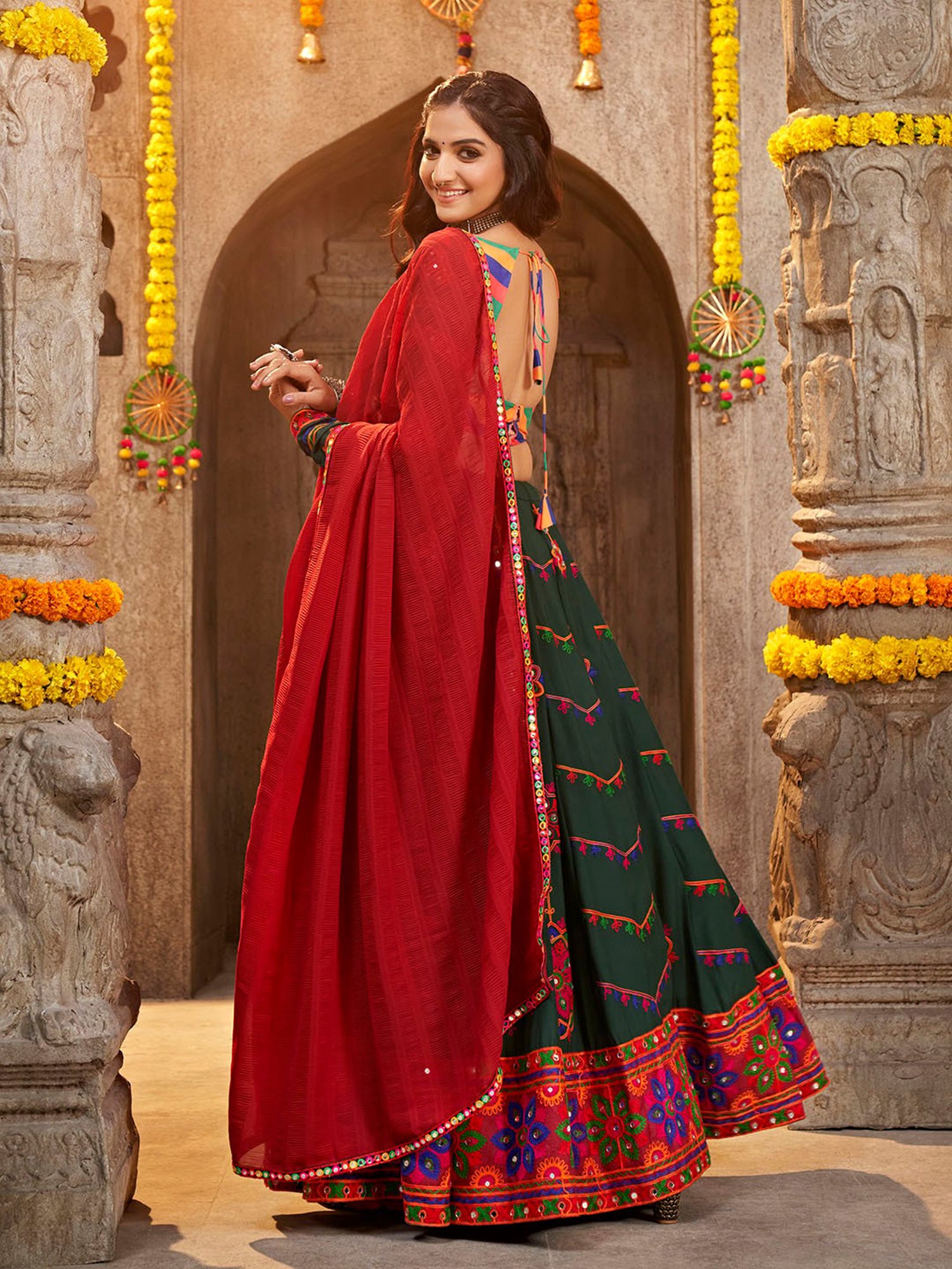 SHUBHKALA Green Embroidered Lehenga Choli Set With Dupatta