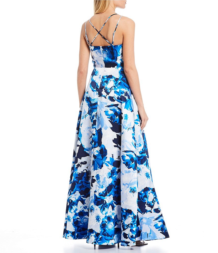 Sequin Hearts Spaghetti Strap V-Neck Floral Print Ball Gown