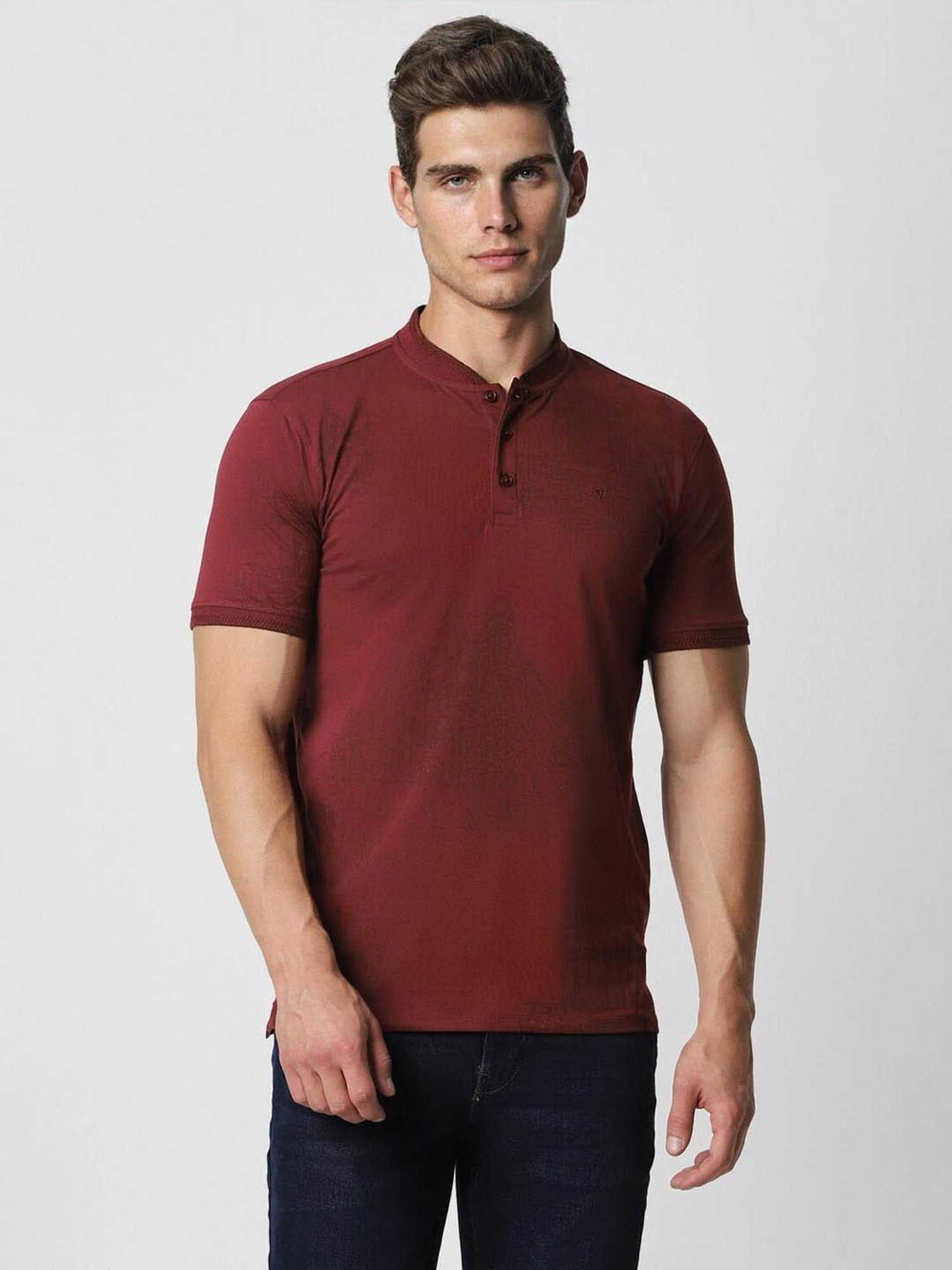 V Dot Maroon Cotton Slim Fit Printed Henley T-Shirt