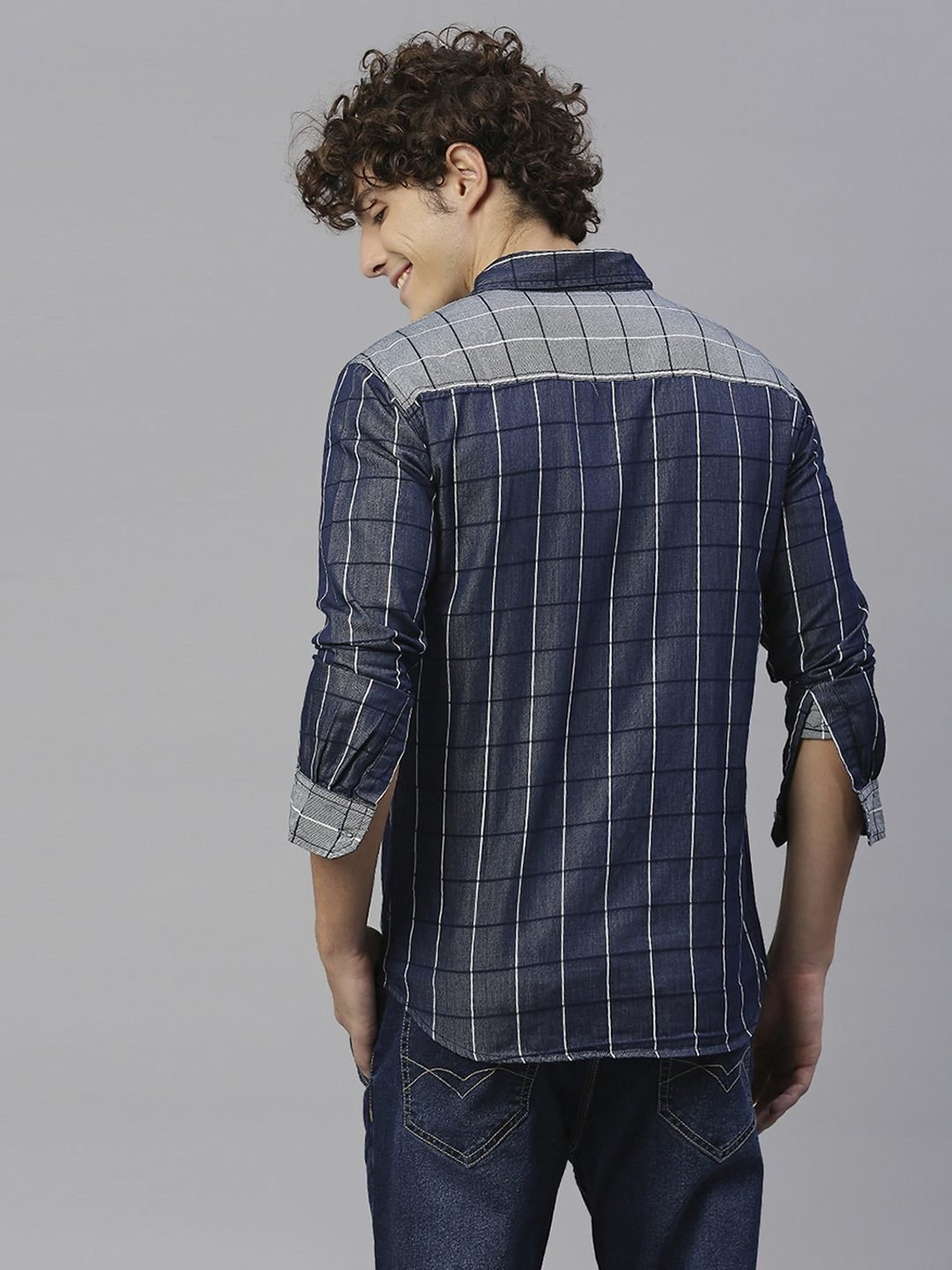 High Star Blue Cotton Regular Fit Checks Shirt