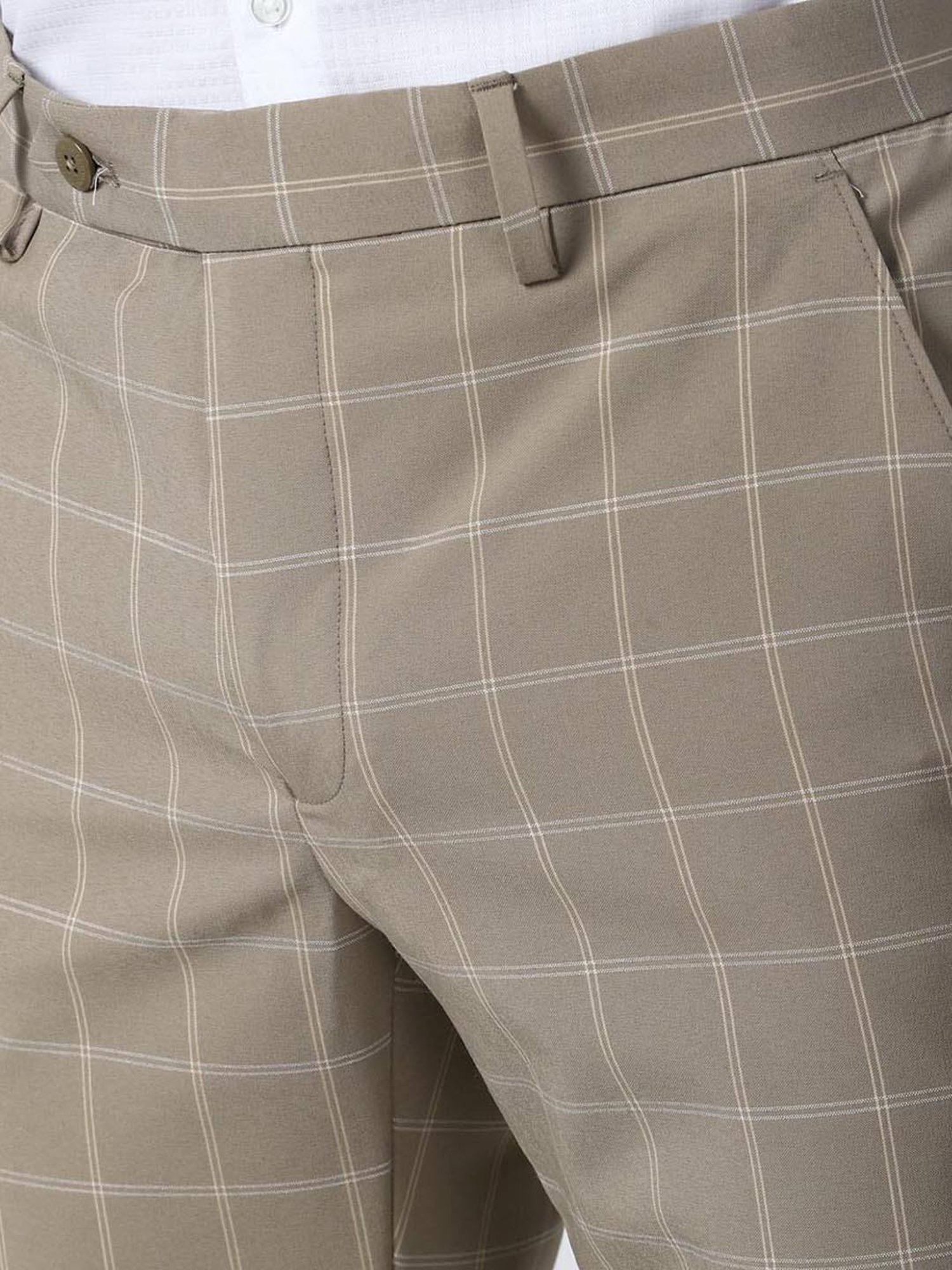 Peter England Khaki Slim Fit Checks Trousers