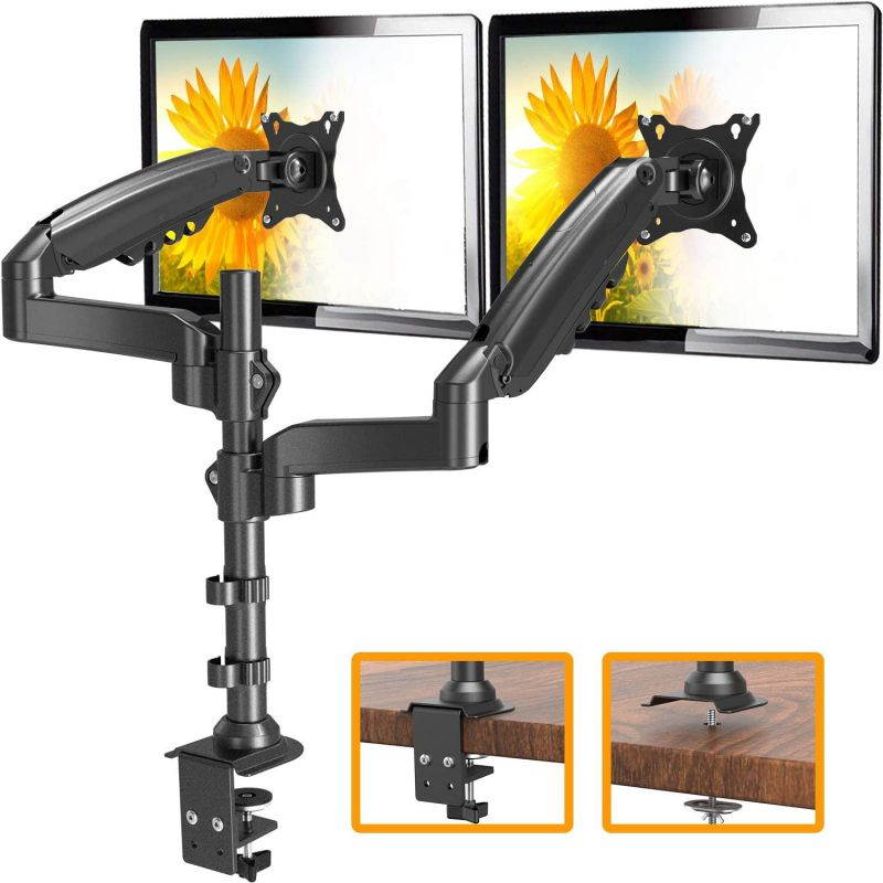 17&rdquo;-32&rdquo; Dual Monitor Desk Mount Stand Kit, Full Motion Gas Spring Arms with Clamp On/Grommet Mounting Base, Holds Two Computer Screens up to 19.84 lbs/Arm with 75/100mm VESA, Black