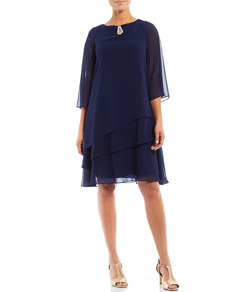 Marina Split 3/4 Sleeve Round Beaded Keyhole Neck Asymmetrical Tiered Chiffon Shift Dress
